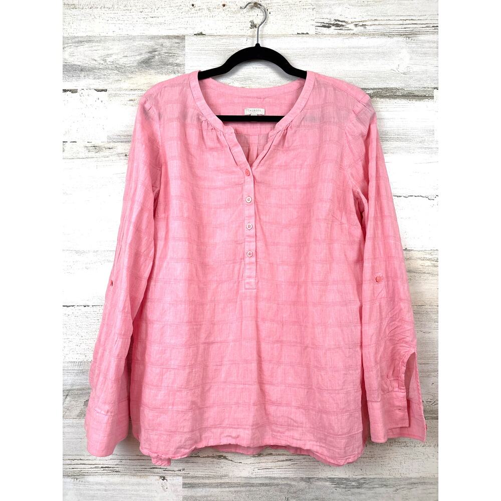 Talbots Womens L Pink Lightweight Cotton Roll Cuff Long Sleeve Blouse Casual